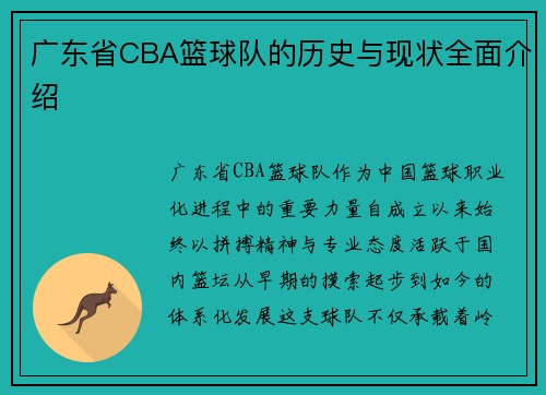 广东省CBA篮球队的历史与现状全面介绍